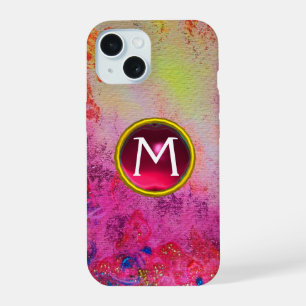 COQUE iPhone 15 MONOGRAMME GEMME ROSE ABSTRAIT FLEURIS VIOLET