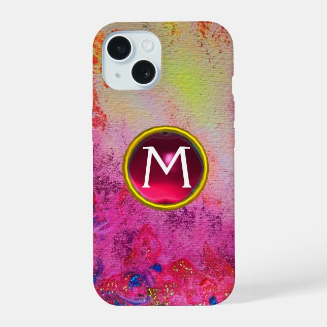 COQUE iPhone 15 MONOGRAMME GEMME ROSE ABSTRAIT FLEURIS VIOLET (Verso)