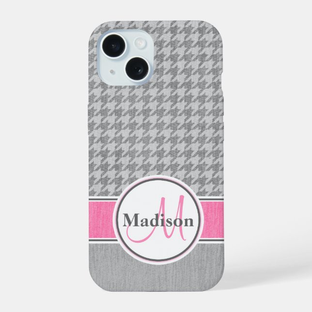 Coque iPhone 15 Monogramme Houndstooth Motif Gris et rose (Verso)