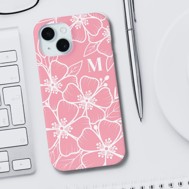 Coque iPhone 15 Monogramme Initial Floral Blanc Rose (Girly Pink Floral Initial Monogram iPhone 15 Case)