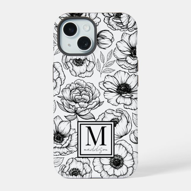 Coque iPhone 15 Monogramme Initial Floral Élégant et Chic (Verso)