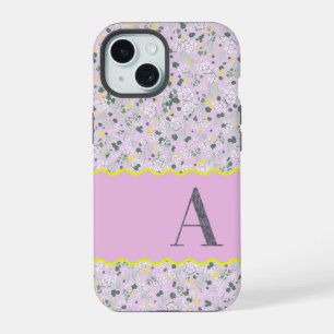 COQUE iPhone 15 MONOGRAMME INITIALE A PETITES FLEURS LILAS