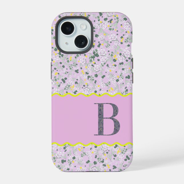 COQUE iPhone 15 MONOGRAMME INITIALE B PETITES FLEURS LILAS (Verso)