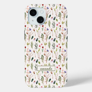 Coque iPhone 15 Monogramme initiale de fleur sauvage à l'aquarelle