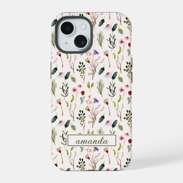Coque iPhone 15 Monogramme initiale de fleur sauvage à l'aquarelle (Verso)