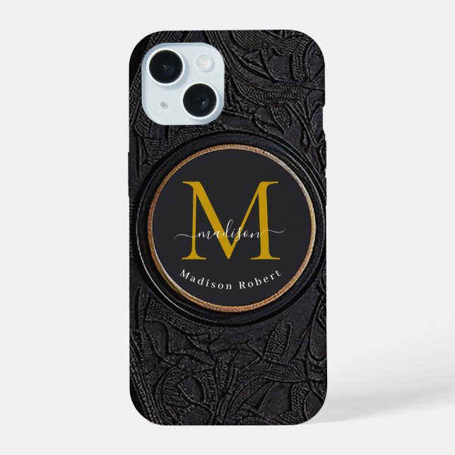 Coque iPhone 15 Monogramme initiale de luxe doré noir amusant (Verso)