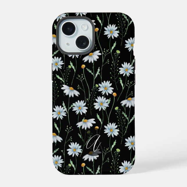 Coque iPhone 15 Monogramme initiale de marguerite blanche aquarell (Verso)