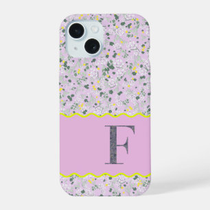 COQUE iPhone 15 MONOGRAMME INITIALE F LILAS PETITES FLEURS