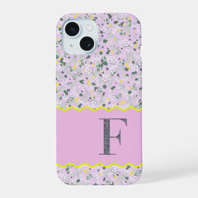 COQUE iPhone 15 MONOGRAMME INITIALE F LILAS PETITES FLEURS (Verso)