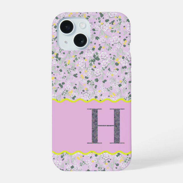 COQUE iPhone 15 MONOGRAMME INITIALE H PETITES FLEURS LILAS (Verso)