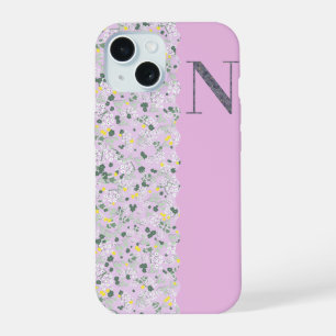 COQUE iPhone 15 MONOGRAMME INITIALE N PETITES FLEURS LILAS