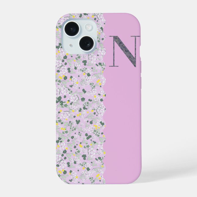 COQUE iPhone 15 MONOGRAMME INITIALE N PETITES FLEURS LILAS (Verso)
