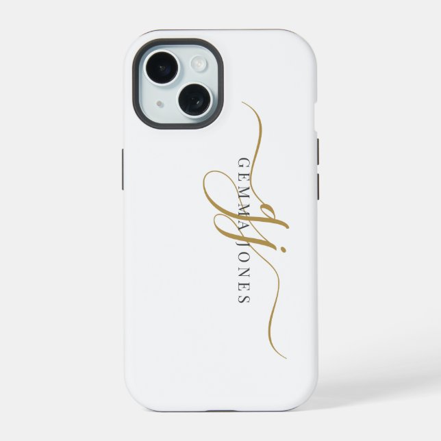 Coque iPhone 15 Monogramme Initiale Or Noir Tendance Nom de Script (Verso)
