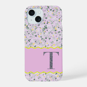 COQUE iPhone 15 MONOGRAMME INITIALE T LILAS PETITES FLEURS