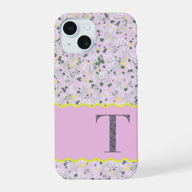 COQUE iPhone 15 MONOGRAMME INITIALE T LILAS PETITES FLEURS (Verso)