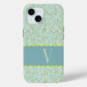 COQUE iPhone 15 MONOGRAMME INITIALE V ACQUA PETITS FLEURS