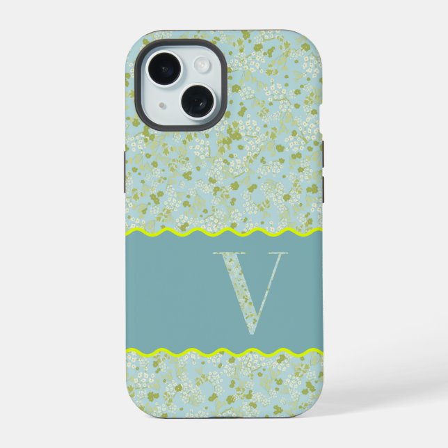 COQUE iPhone 15 MONOGRAMME INITIALE V ACQUA PETITS FLEURS (Verso)