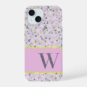COQUE iPhone 15 MONOGRAMME INITIALE W LILAS PETITES FLEURS