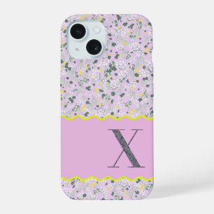 COQUE iPhone 15 MONOGRAMME INITIALE X PETITES FLEURS LILAS