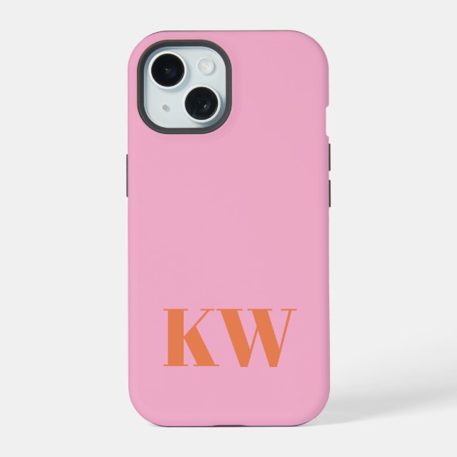 Coque iPhone 15 Monogramme initiales personnalisé rose orange mode (Verso)