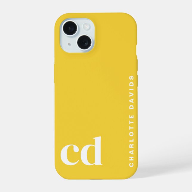Coque iPhone 15 Monogramme jaune clair simple (Verso)