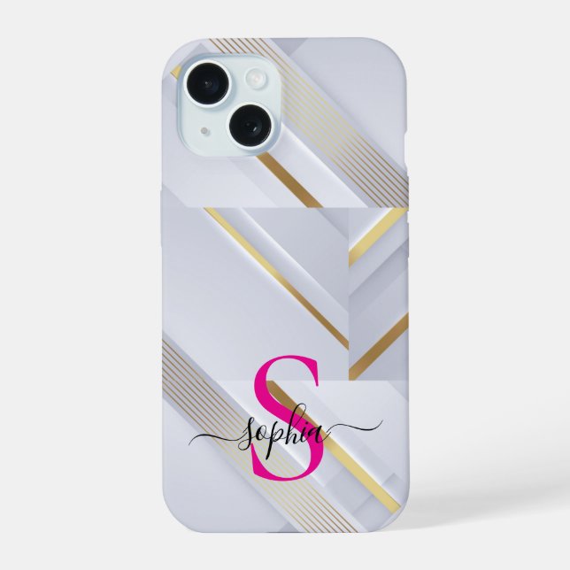 Coque iPhone 15 monogramme lignes dorées marbre blanc (Verso)