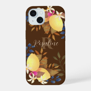 Coque iPhone 15 Monogramme marron chic citron