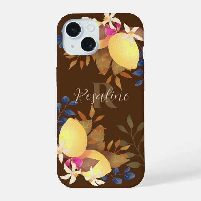 Coque iPhone 15 Monogramme marron chic citron (Verso)