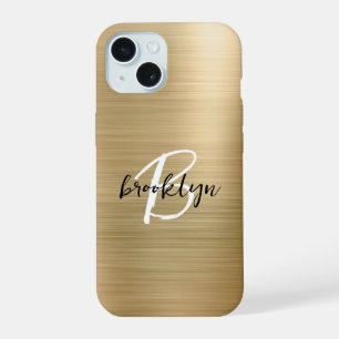 Coque iPhone 15 Monogramme Métal Brossé Or Noir Blanc Script