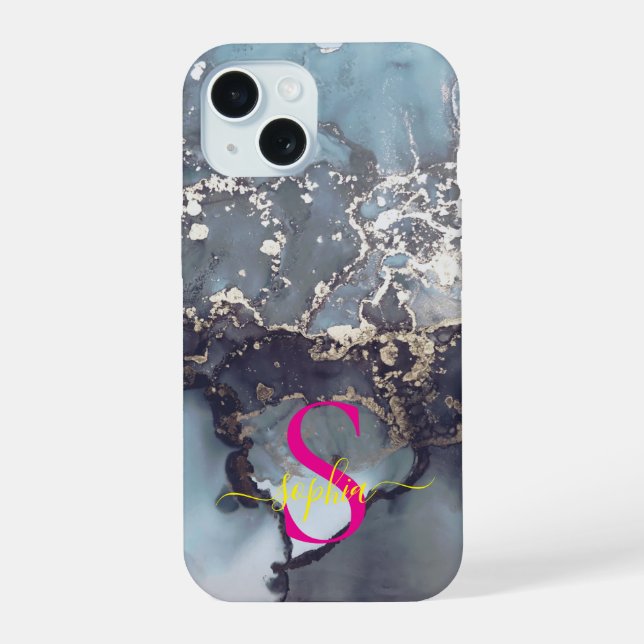 Coque iPhone 15 monogramme moderne en marbre noir et blanc (Verso)