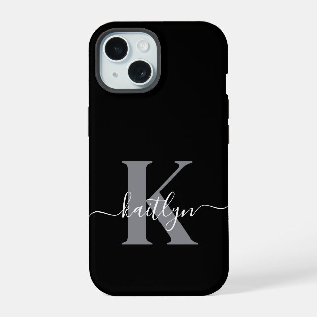 Coque iPhone 15 Monogramme moderne gris noir script (Verso)