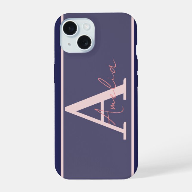 Coque iPhone 15 Monogramme moderne Nom bleu rose (Verso)