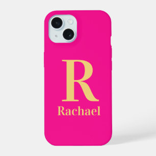 Coque iPhone 15 Monogramme Moderne Nom Rose Chaud