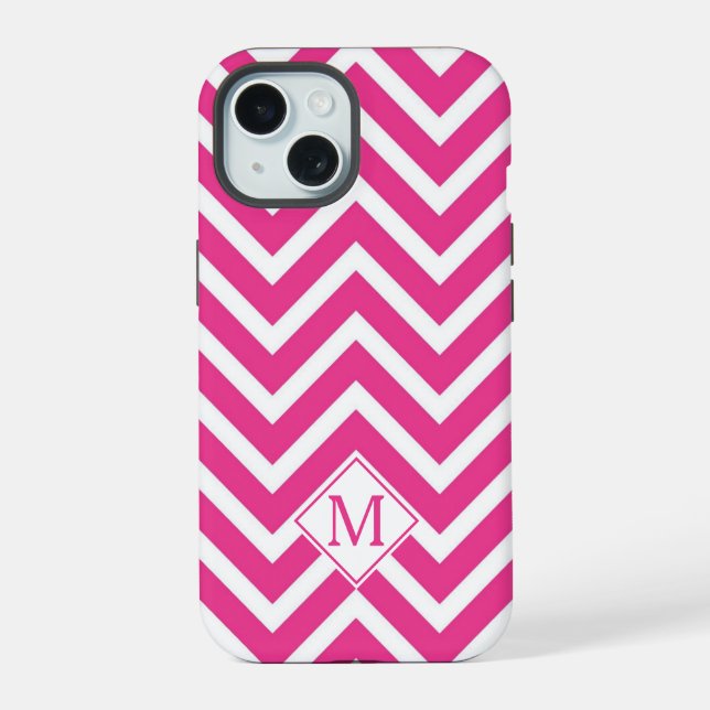 Coque iPhone 15 Monogramme Moderne Rayures Chevron Rose (Verso)