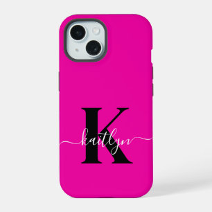 Coque iPhone 15 Monogramme moderne rose noir écriture script