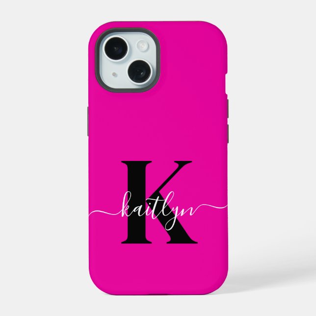 Coque iPhone 15 Monogramme moderne rose noir écriture script (Verso)
