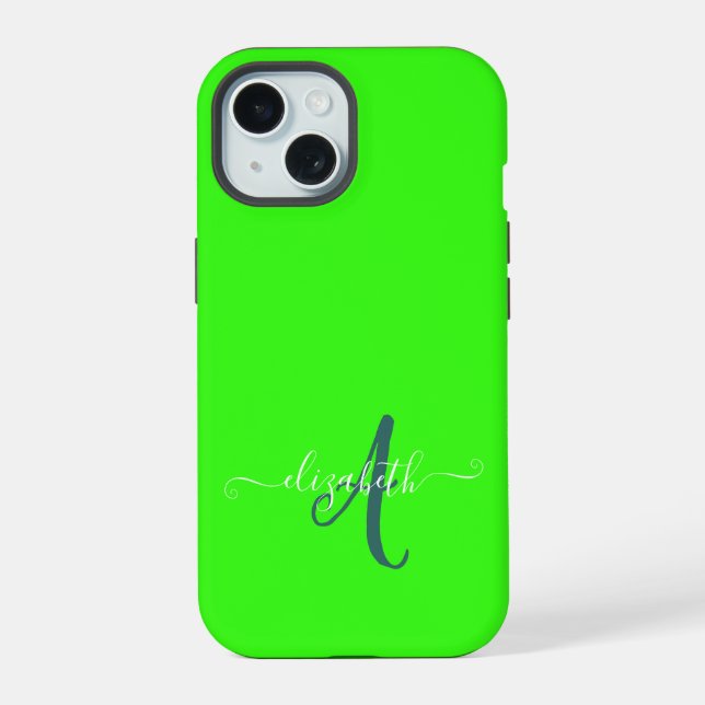 Coque iPhone 15 Monogramme Néon Fluorescent Vert  (Verso)