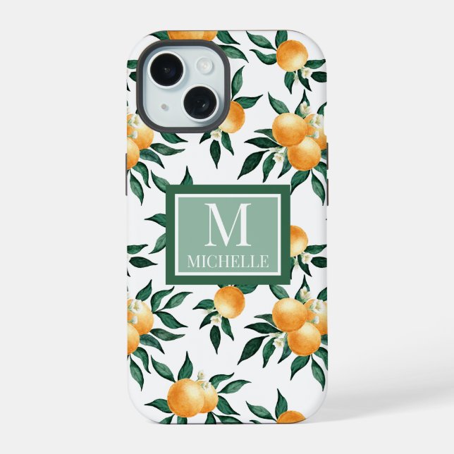 Coque iPhone 15 Monogramme Nom Aquarelle Citron Orange (Verso)