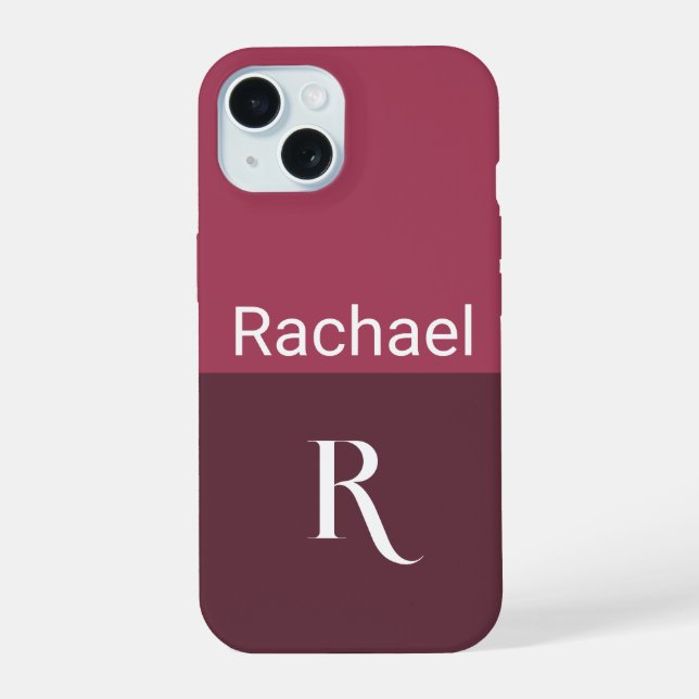 Coque iPhone 15 Monogramme Nom Élégant Bordeaux (Verso)