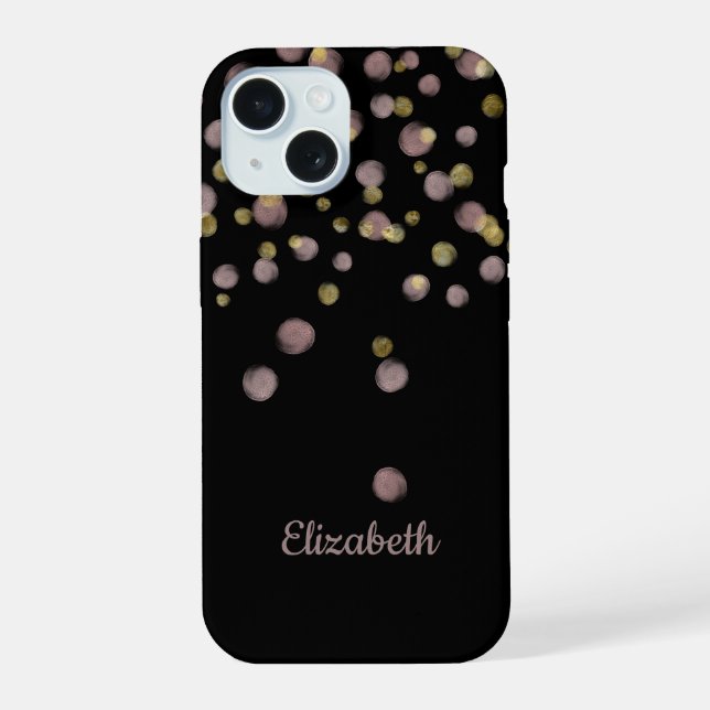Coque iPhone 15 Monogramme Nom Noir Rose Blush Or Cercles (Verso)