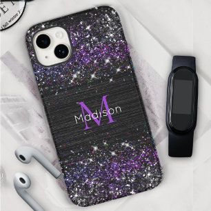 Coque iPhone 15 Monogramme pailleté en métal brossé noir violet