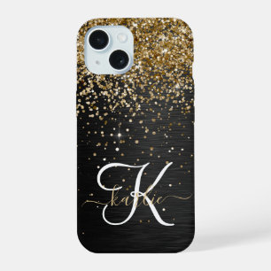 Coque iPhone 15 Monogramme Pailleté Noir Paillettes Dorées Personn