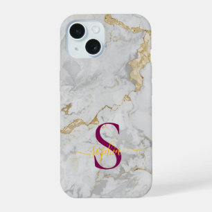 Coque iPhone 15 monogramme pailleté or sur marbre blanc