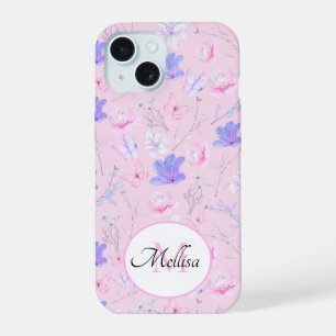 Coque iPhone 15 Monogramme Papillons Floraux Aquarelle Rose Pastel