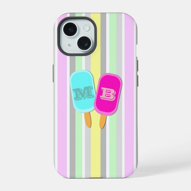 Coque iPhone 15 Monogramme Pastel Stripes et Popsicles (Verso)