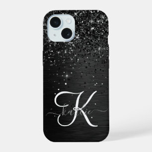 Coque iPhone 15 Monogramme personnalisé avec paillettes noires