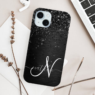 Coque iPhone 15 Monogramme personnalisé paillettes noires
