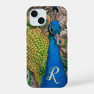 Coque iPhone 15 Monogramme personnalisé photo Peacock bleu
