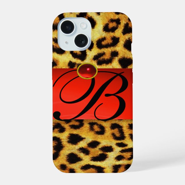 COQUE iPhone 15 MONOGRAMME PIERRE GEMME RUBIS ROUGE FOURRURE DE LÉ (Verso)