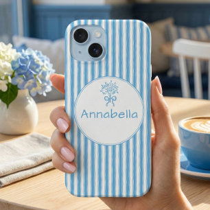 Coque iPhone 15 Monogramme Prépa Rayure Bleue Blanche Fantaisiste